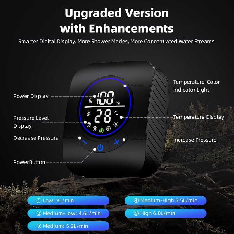 MORIKO 8000mAh Portable Camping Shower, Upgrade Rechargeable Electric Shower Pump with 5 Gallon Bucket, Intelligent LED Display,Portable Shower for Outdoor - Image 4